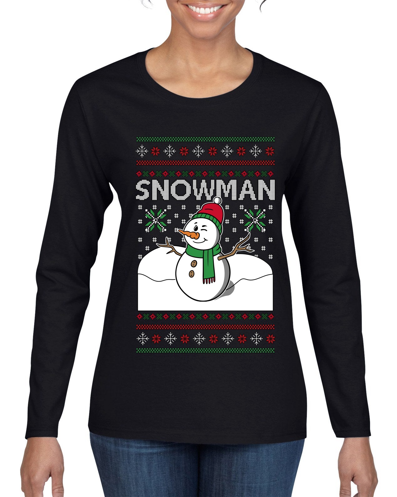 Snowman, Ugly Christmas Sweater Womens Graphic Long Sleeve T-Shirt