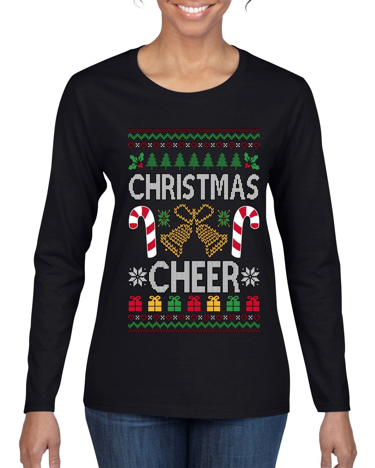 Christmas Cheer, Ugly Christmas Sweater Womens Graphic Long Sleeve T-Shirt