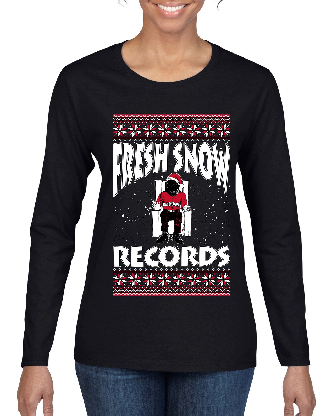Fresh Snow Records Hip Hop Parody, Ugly Christmas Sweater Womens Graphic Long Sleeve T-Shirt