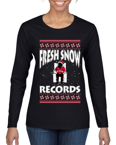 Fresh Snow Records Hip Hop Parody, Ugly Christmas Sweater Womens Graphic Long Sleeve T-Shirt