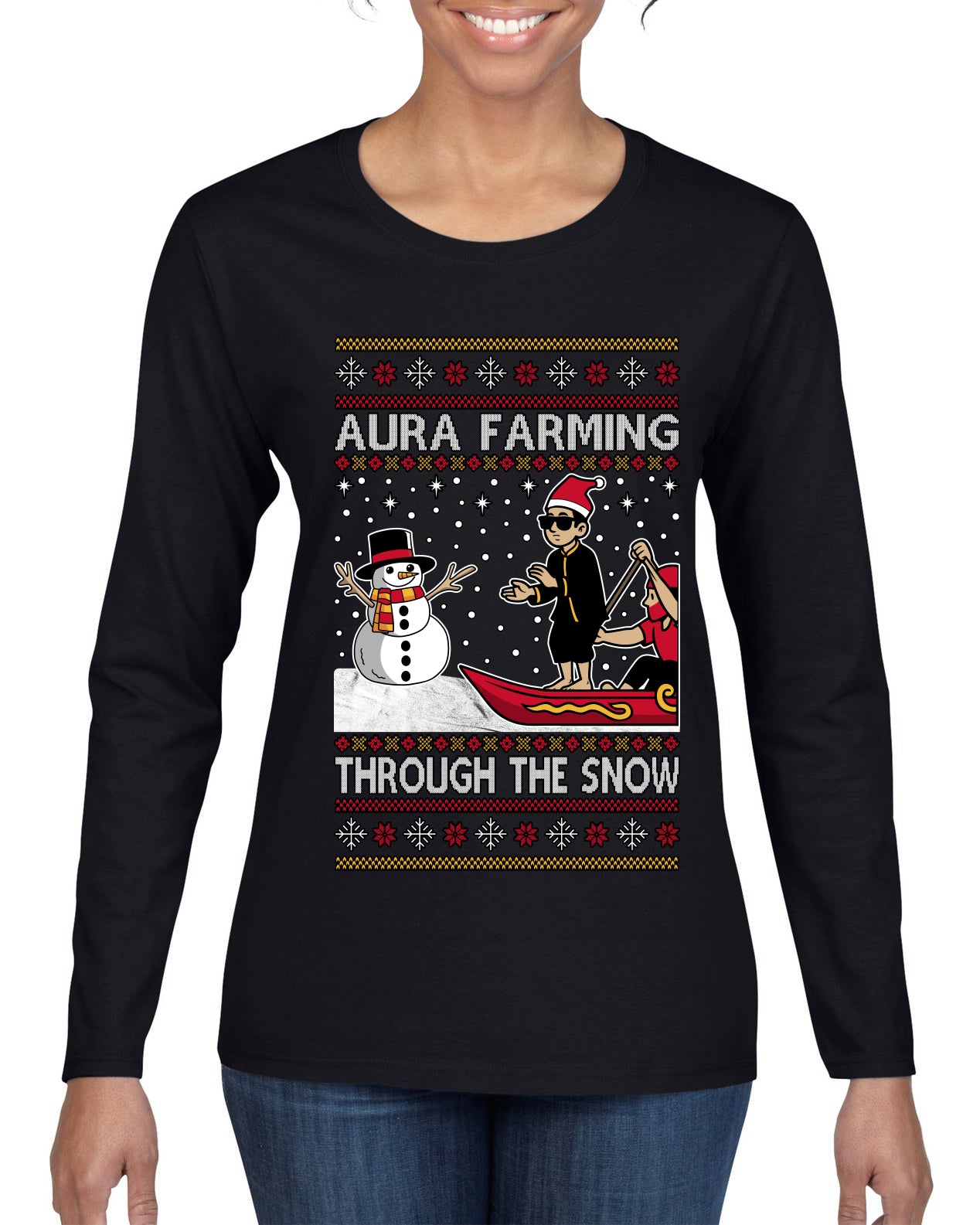 Aura Farming Through The Snow Meme, Ugly Christmas Sweater Womens Graphic Long Sleeve T-Shirt