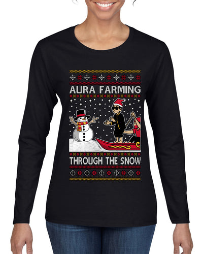Aura Farming Through The Snow Meme, Ugly Christmas Sweater Womens Graphic Long Sleeve T-Shirt
