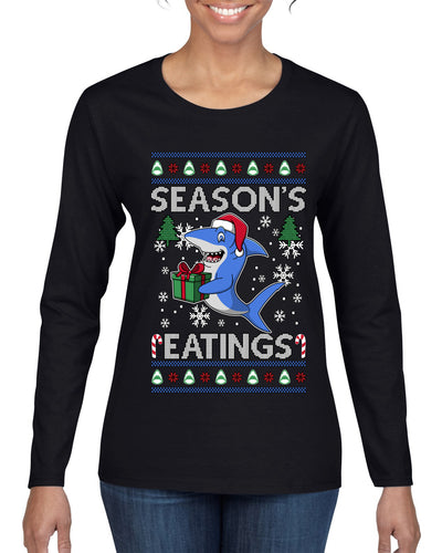 Season's Eatings Shark, Ugly Christmas Sweater Womens Graphic Long Sleeve T-Shirt