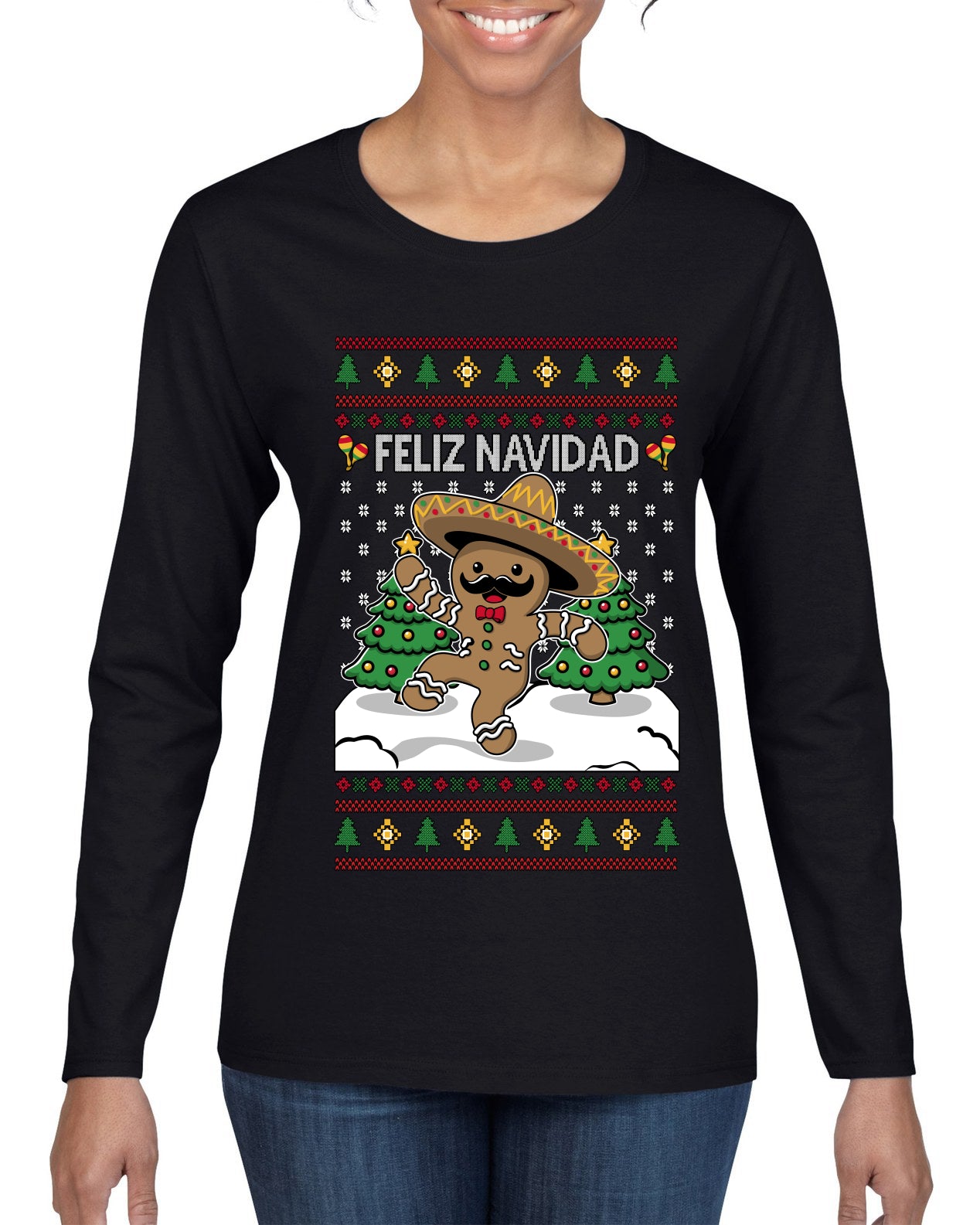 Feliz Navidad Dancing Gingerbread Man, Ugly Christmas Sweater Womens Graphic Long Sleeve T-Shirt
