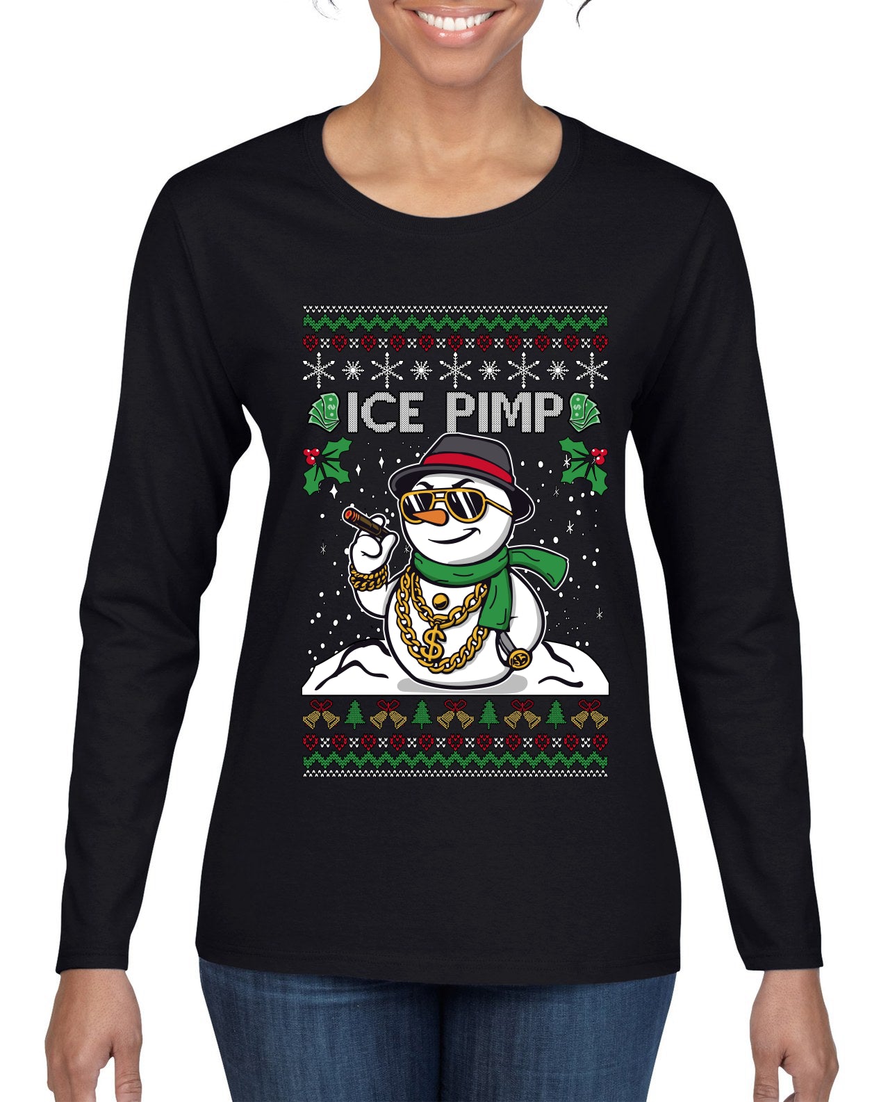 Ice Pimp, Ugly Christmas Sweater Womens Graphic Long Sleeve T-Shirt