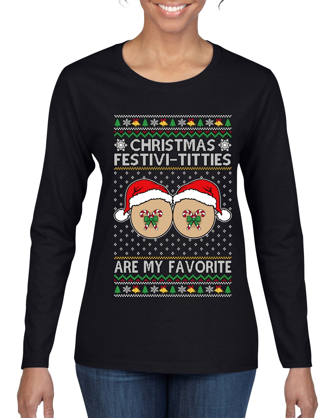 Christmas Festivi-Titties Are My Favorite, Ugly Christmas Sweater Womens Graphic Long Sleeve T-Shirt