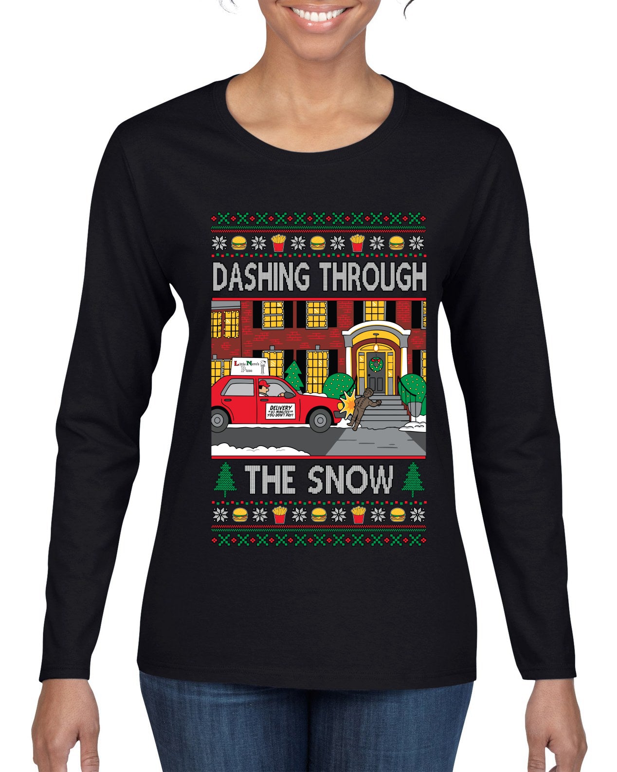 Dashing Through The Snow Classic 90s Holiday Movie, Ugly Christmas Sweater Womens Graphic Long Sleeve T-Shirt