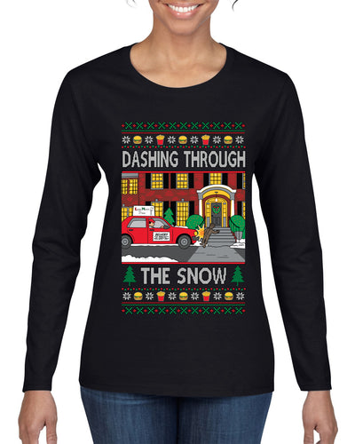 Dashing Through The Snow Classic 90s Holiday Movie, Ugly Christmas Sweater Womens Graphic Long Sleeve T-Shirt