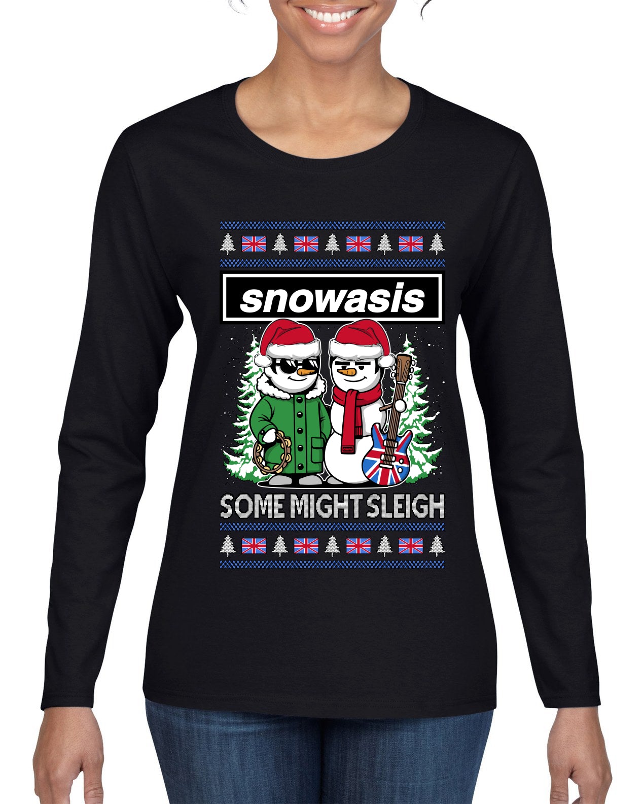 Snowasis English Rock Band Parody, Ugly Christmas Sweater Womens Graphic Long Sleeve T-Shirt