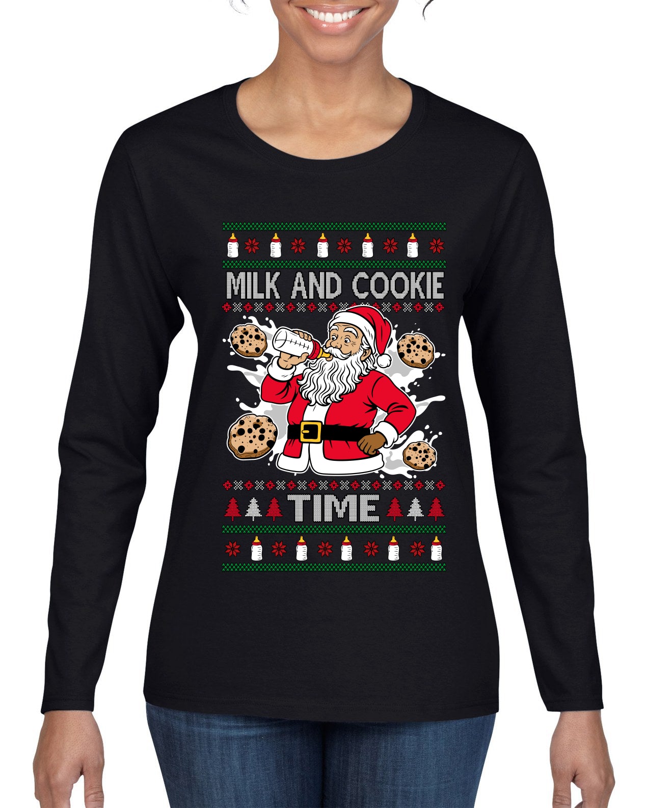 Milk And Cookie Time, Ugly Christmas Sweater Womens Graphic Long Sleeve T-Shirt
