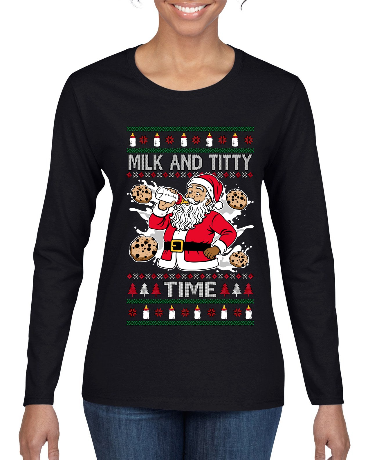Milk And Titty Time, Ugly Christmas Sweater Womens Graphic Long Sleeve T-Shirt