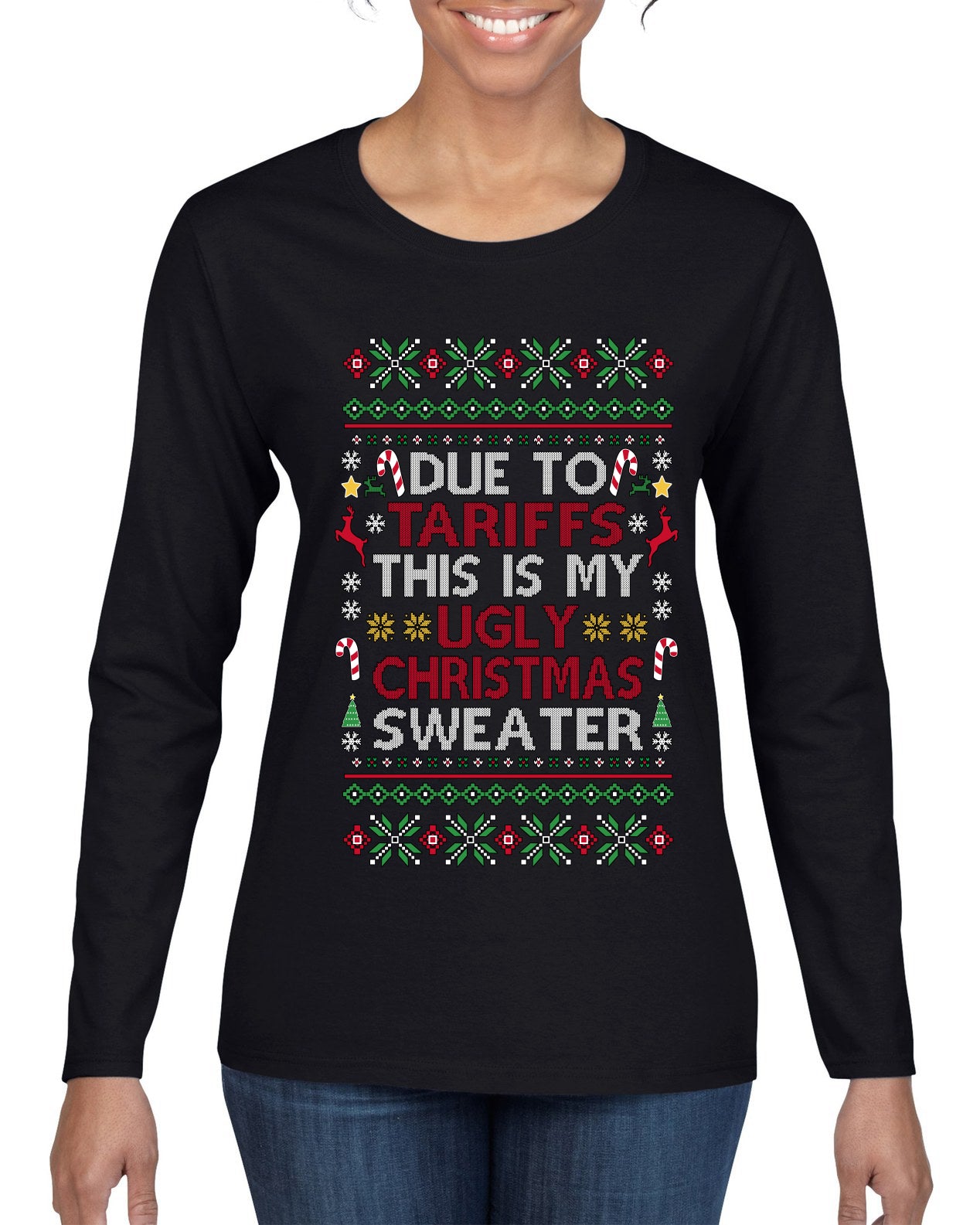 Due To Tariffs This Is My Ugly Christmas Sweater, Ugly Christmas Sweater Womens Graphic Long Sleeve T-Shirt