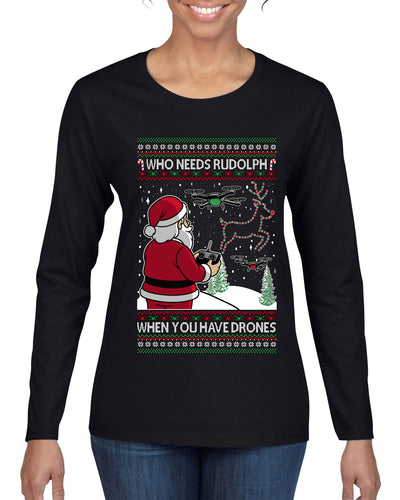 Santa Drone Show Reindeer, Ugly Christmas Sweater Womens Graphic Long Sleeve T-Shirt