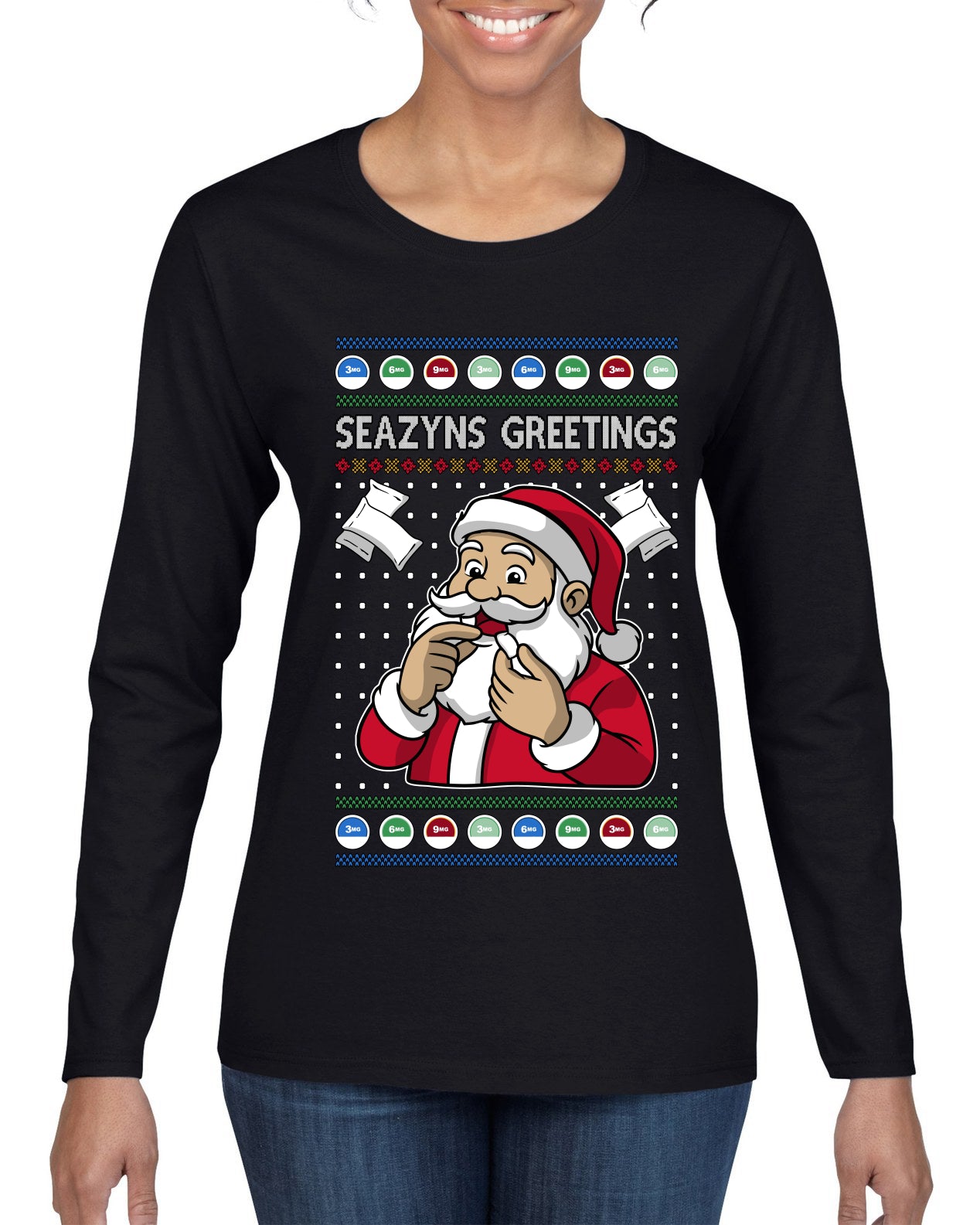 Seazyns Greeting Santa Packing Lip Pouch, Ugly Christmas Sweater Womens Graphic Long Sleeve T-Shirt