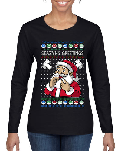 Seazyns Greeting Santa Packing Lip Pouch, Ugly Christmas Sweater Womens Graphic Long Sleeve T-Shirt