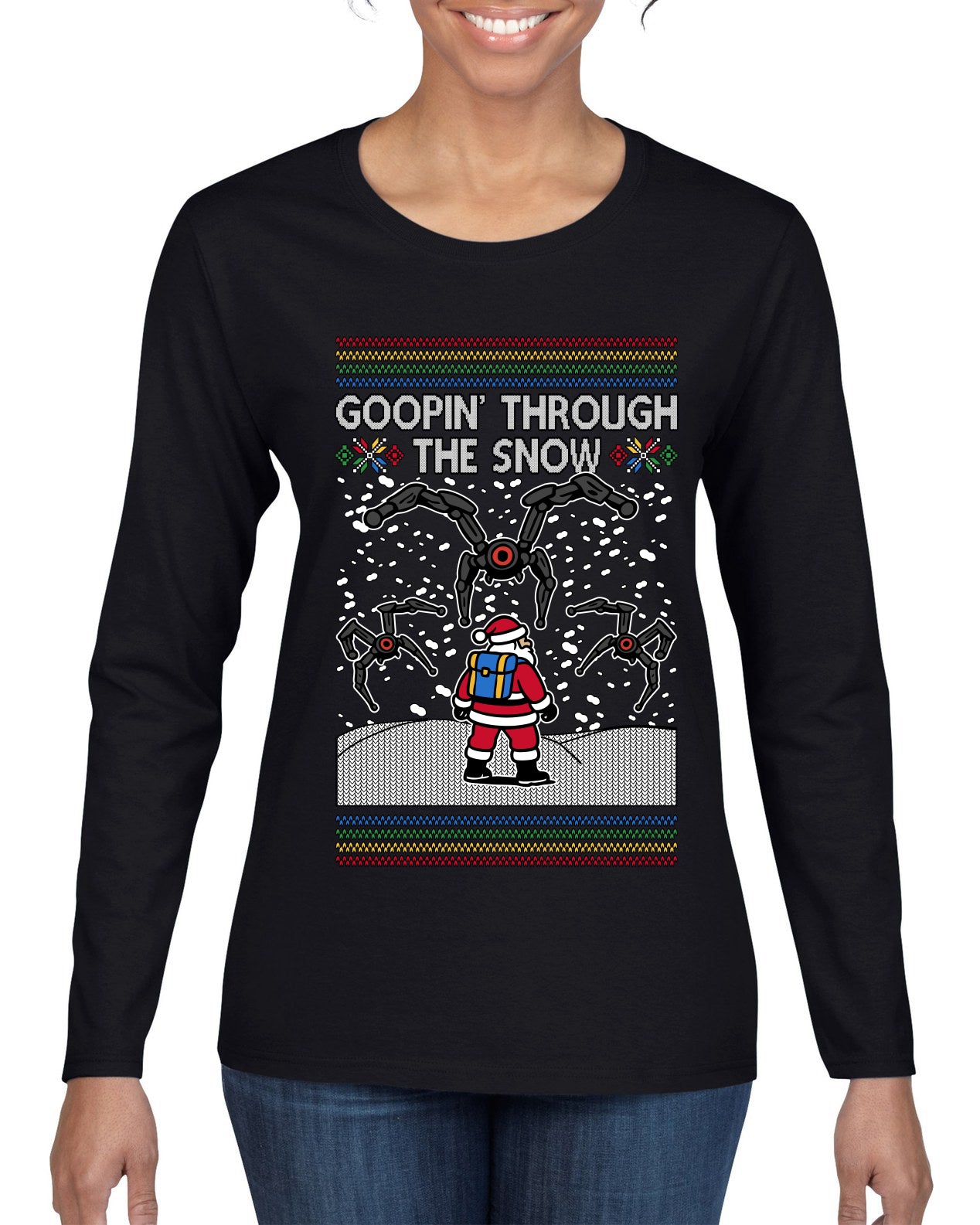 Goopin' Through The Snow Gamer Santa, Ugly Christmas Sweater Womens Graphic Long Sleeve T-Shirt