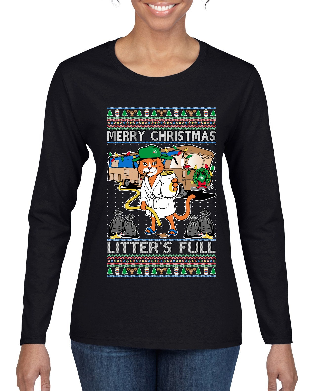 Litters Full Cat, Ugly Christmas Sweater Womens Graphic Long Sleeve T-Shirt