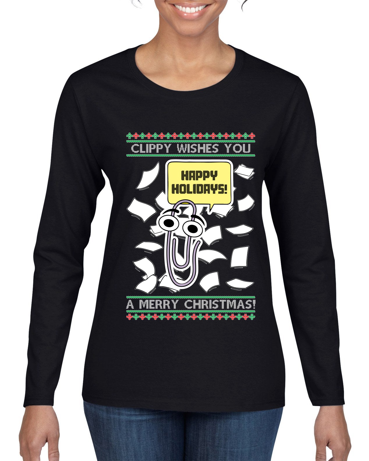 Clippy Wishes You A Merry Christmas Office Assistant, Ugly Christmas Sweater Womens Graphic Long Sleeve T-Shirt