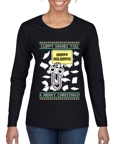 Clippy Wishes You A Merry Christmas Office Assistant, Ugly Christmas Sweater Womens Graphic Long Sleeve T-Shirt