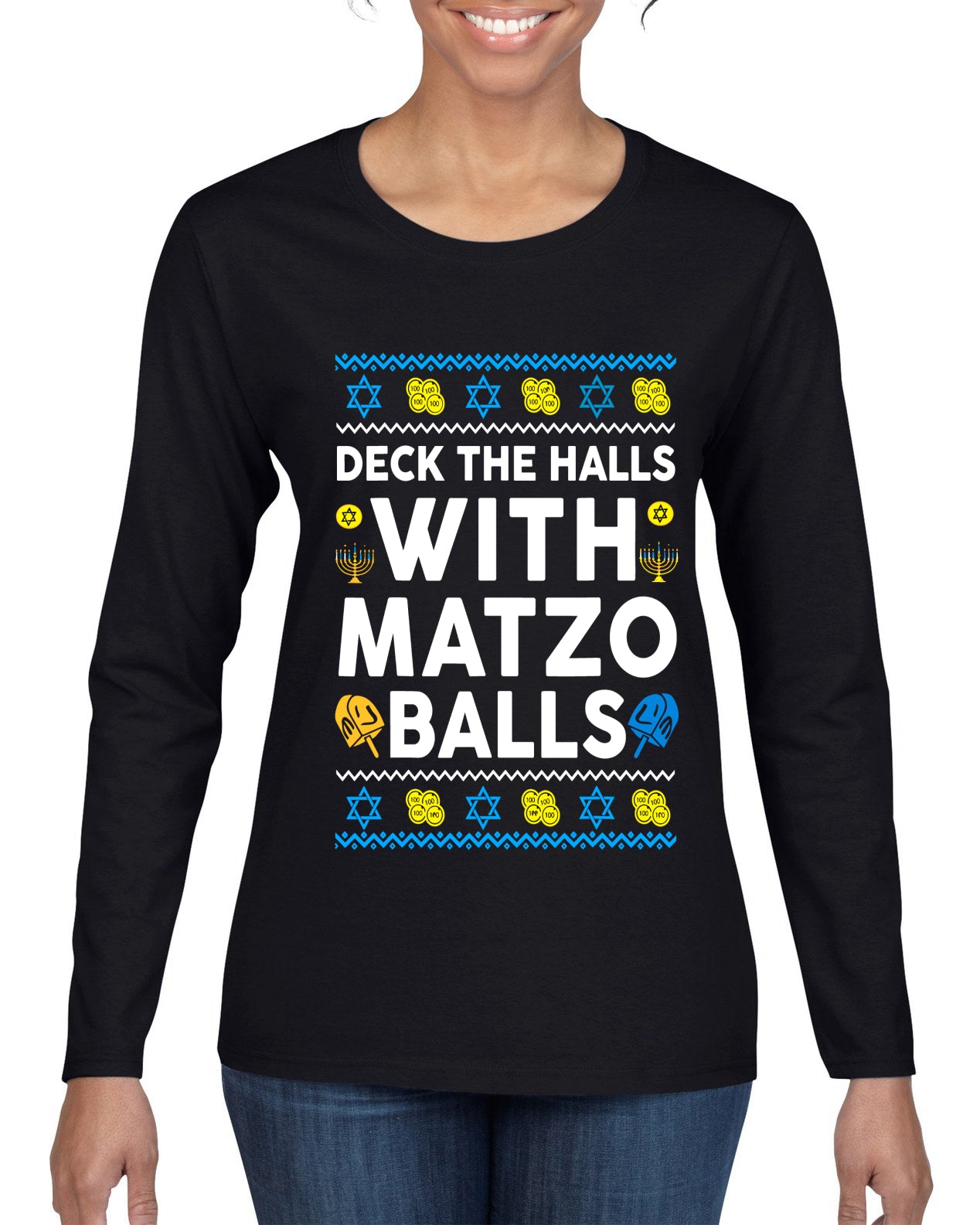 Deck The Halls With Matzo Balls Hanukkah, Ugly Christmas Sweater Womens Graphic Long Sleeve T-Shirt