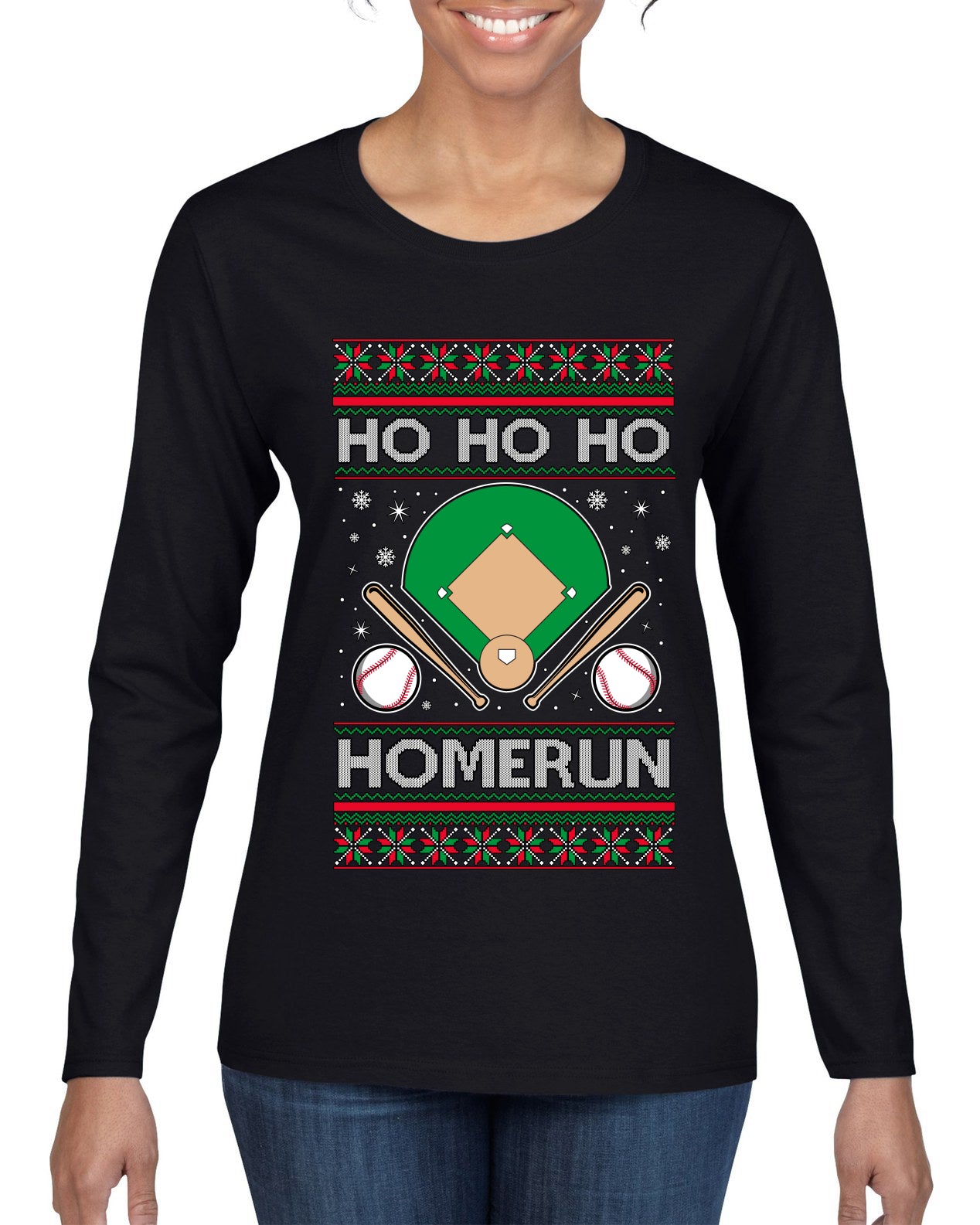 Ho Ho Ho Homerun, Baseball Fan Christmas Design, Ugly Christmas Sweater Womens Graphic Long Sleeve T-Shirt