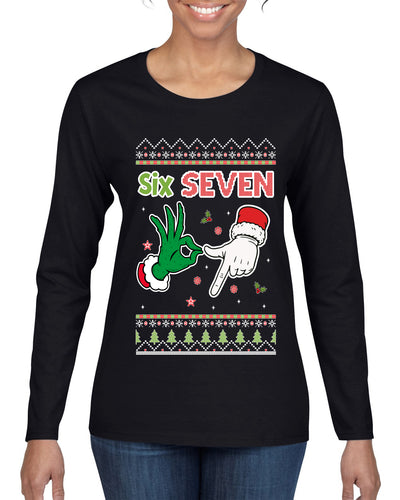 6 7 Christmas Hands, Ugly Christmas Sweater Womens Graphic Long Sleeve T-Shirt
