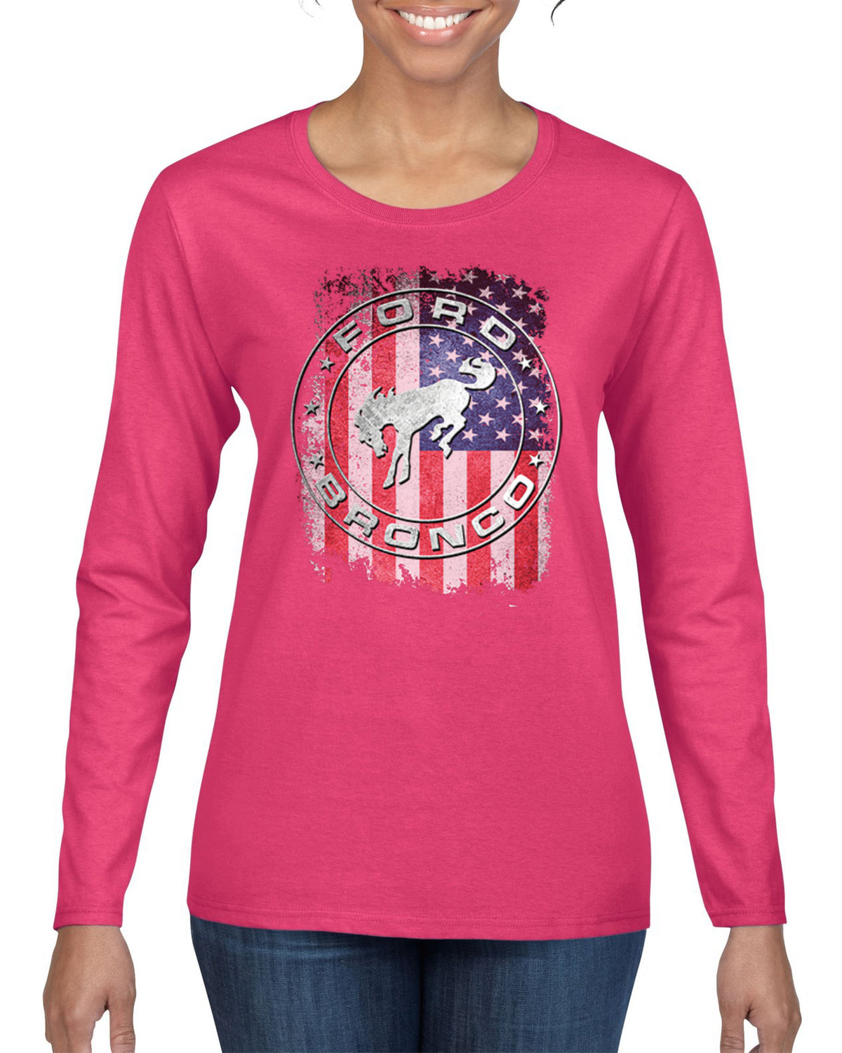 US Flag Ford Bronco Cars and Trucks Womens Graphic Long Sleeve T-Shirt