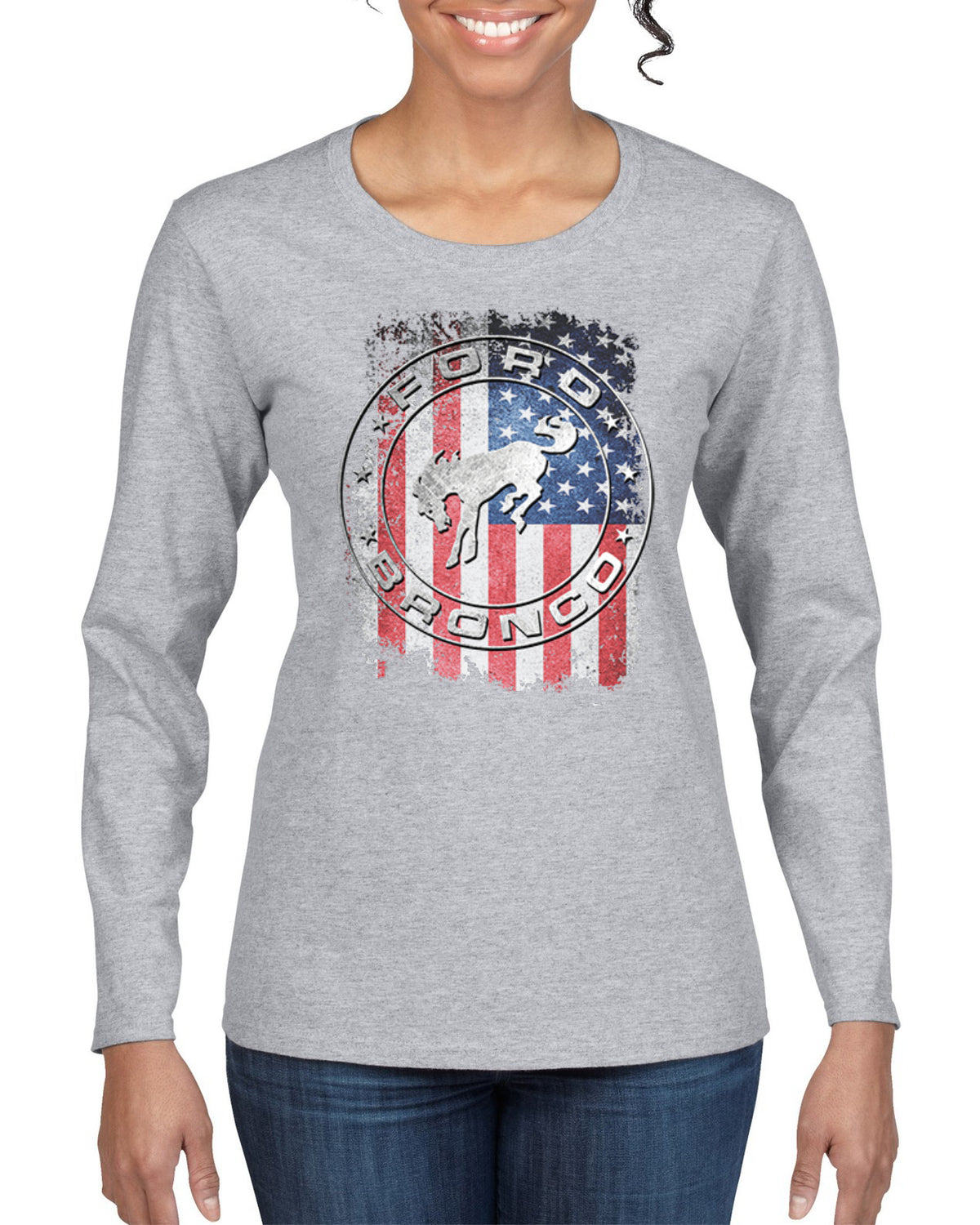 US Flag Ford Bronco Cars and Trucks Womens Graphic Long Sleeve T-Shirt