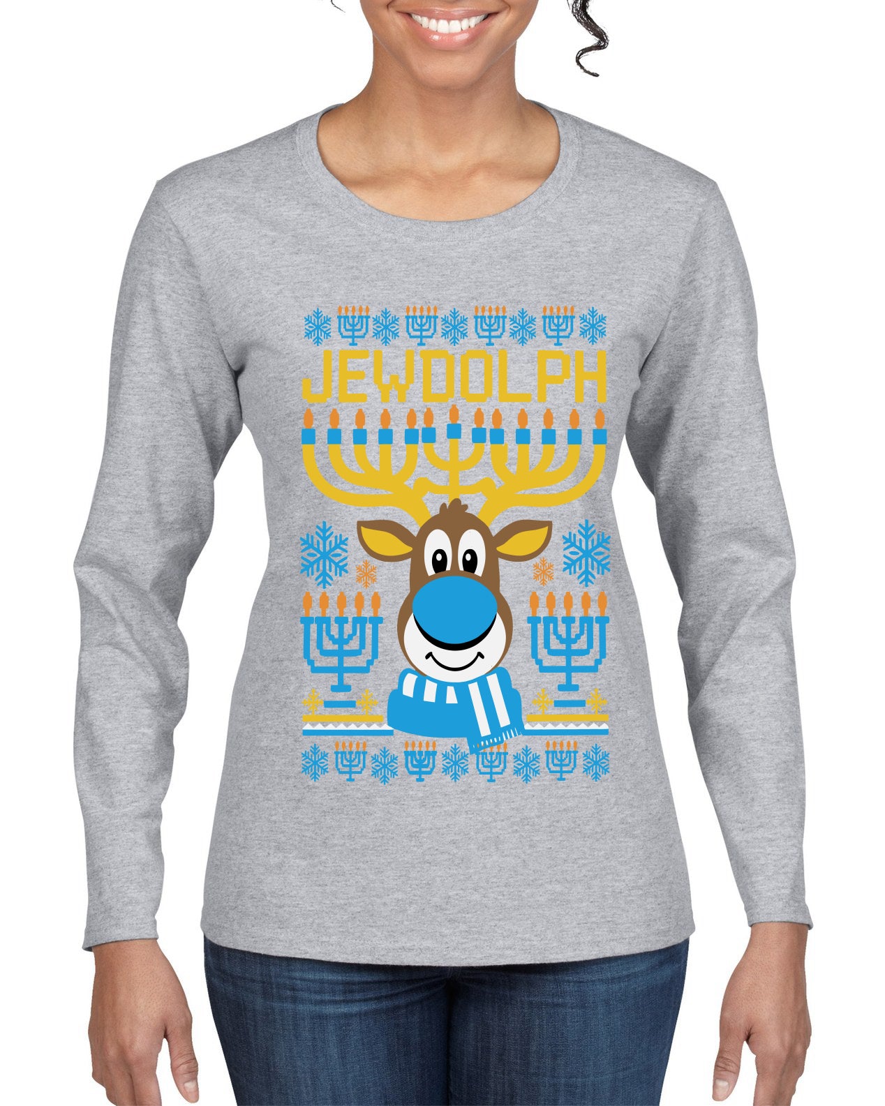 Jewdolph, Jewish Reindeer, Ugly Christmas Sweater Womens Graphic Long Sleeve T-Shirt