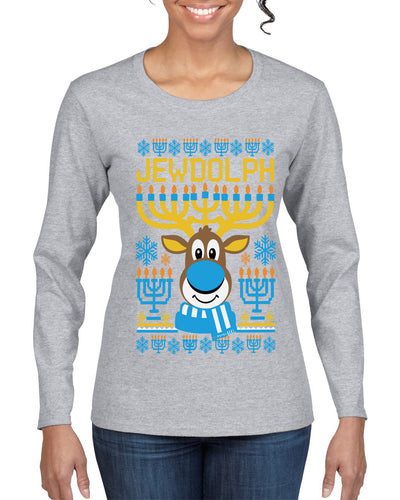 Jewdolph, Jewish Reindeer, Ugly Christmas Sweater Womens Graphic Long Sleeve T-Shirt