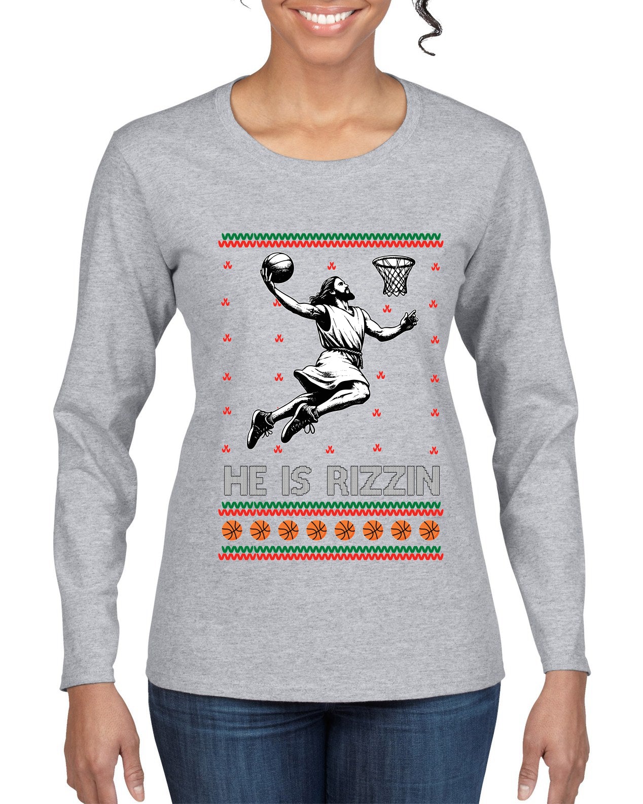 He Is Rizzin, Ugly Christmas Sweater Womens Graphic Long Sleeve T-Shirt