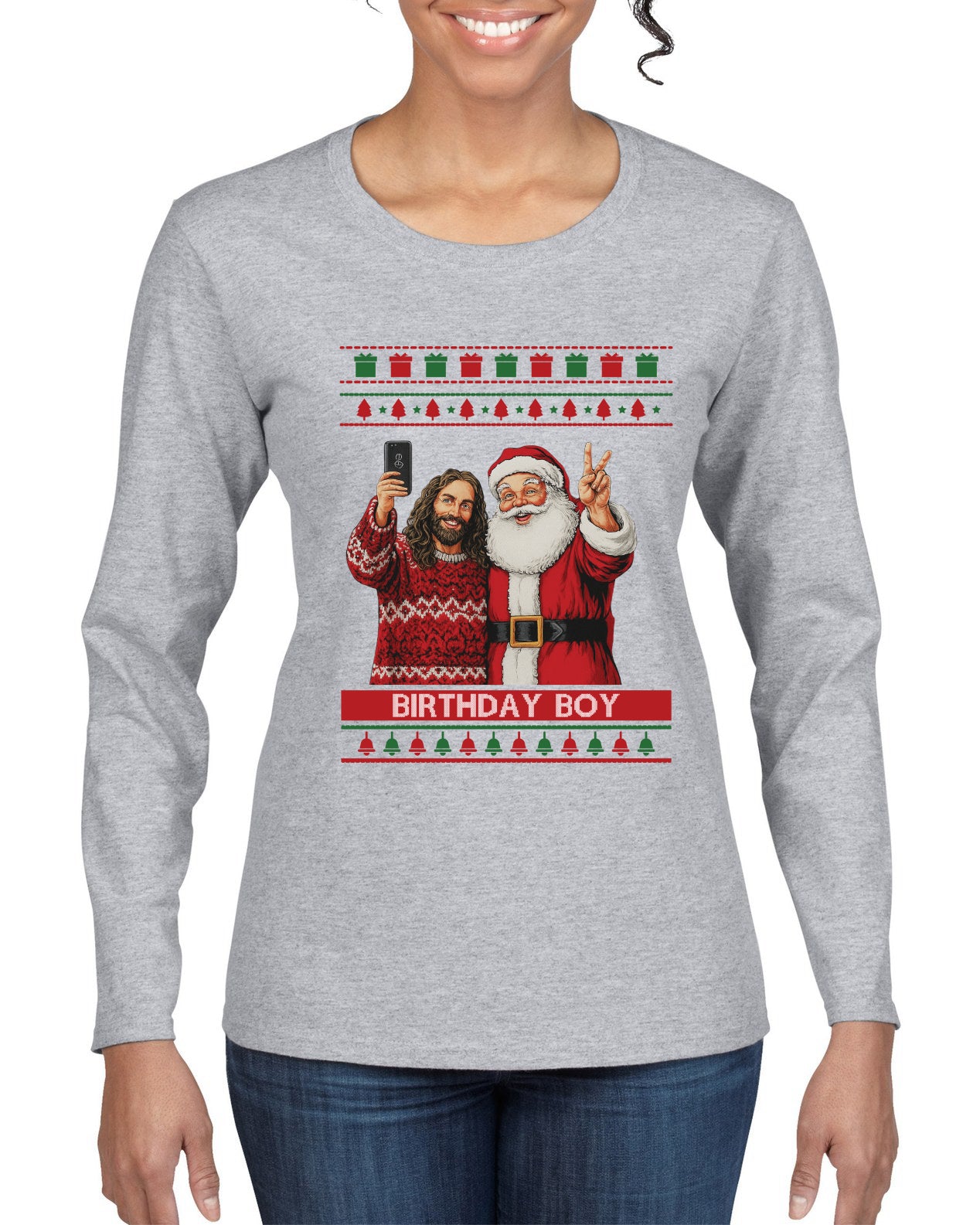 Birthday Boy Jesus, Ugly Christmas Sweater Womens Graphic Long Sleeve T-Shirt