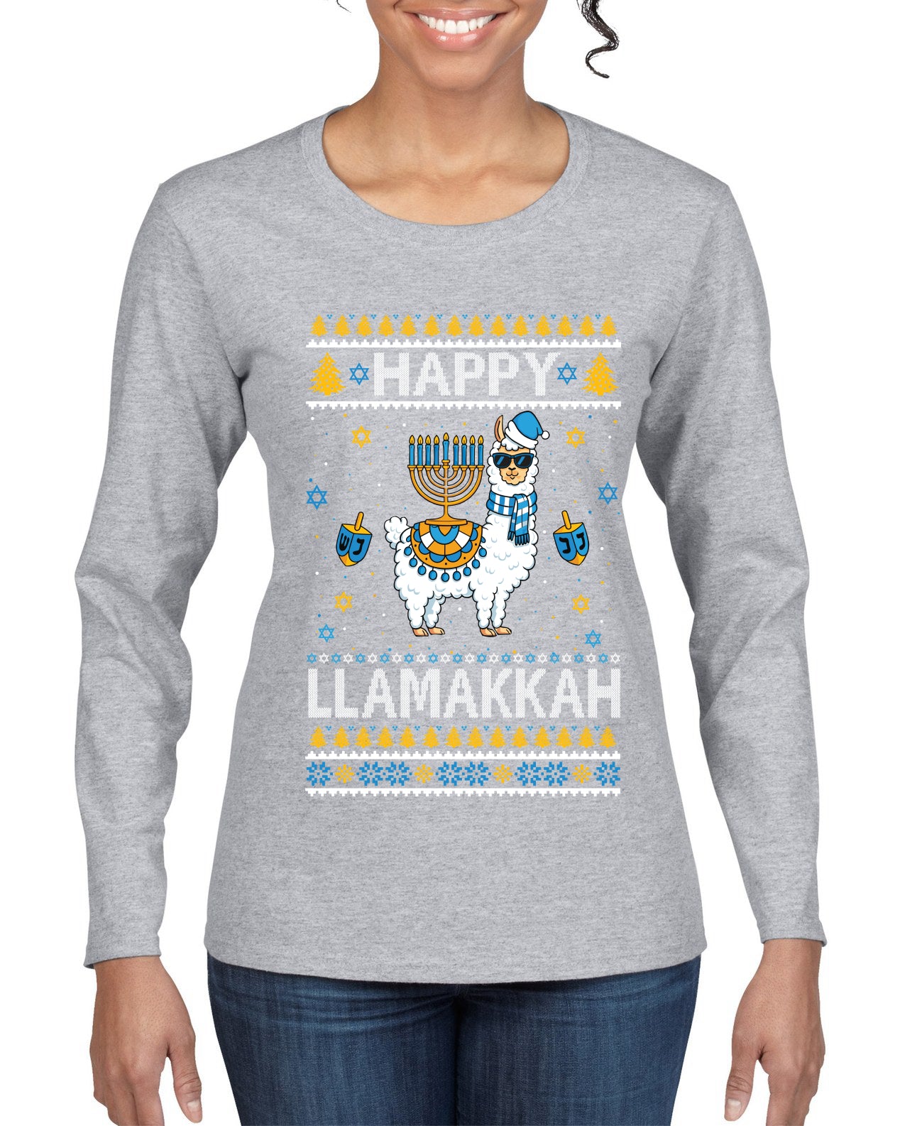 Happy Llamakkah, Ugly Christmas Sweater Womens Graphic Long Sleeve T Shirt