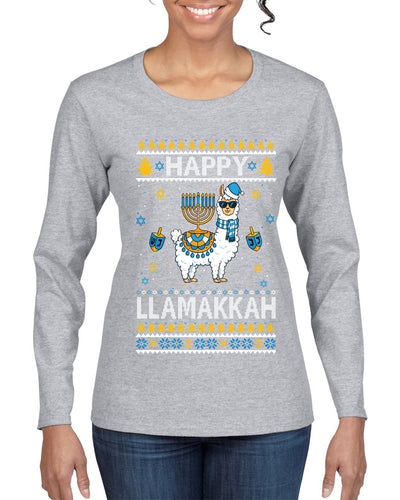 Happy Llamakkah, Ugly Christmas Sweater Womens Graphic Long Sleeve T Shirt