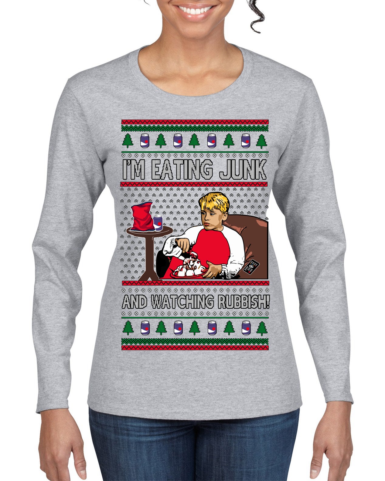 I'm Eating Junk and Watching Rubbish 90s Movie Ice Cream Ugly Christmas Sweater Womens Graphic Long Sleeve T-Shirt