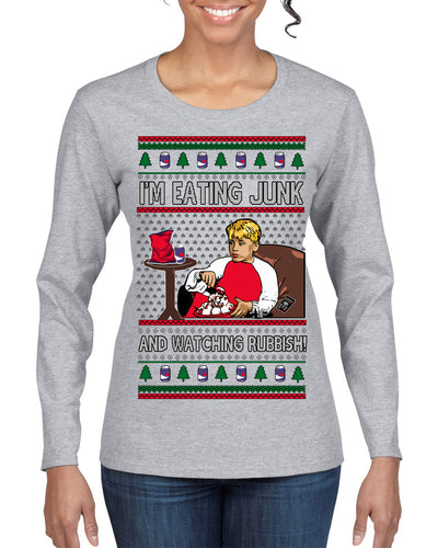 I'm Eating Junk and Watching Rubbish 90s Movie Ice Cream Ugly Christmas Sweater Womens Graphic Long Sleeve T-Shirt