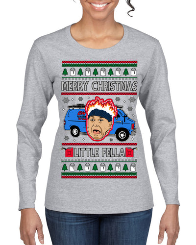 Merry Christmas Little Fella Funny 90s Harry Movie Quote Ugly Christmas Sweater Womens Graphic Long Sleeve T-Shirt