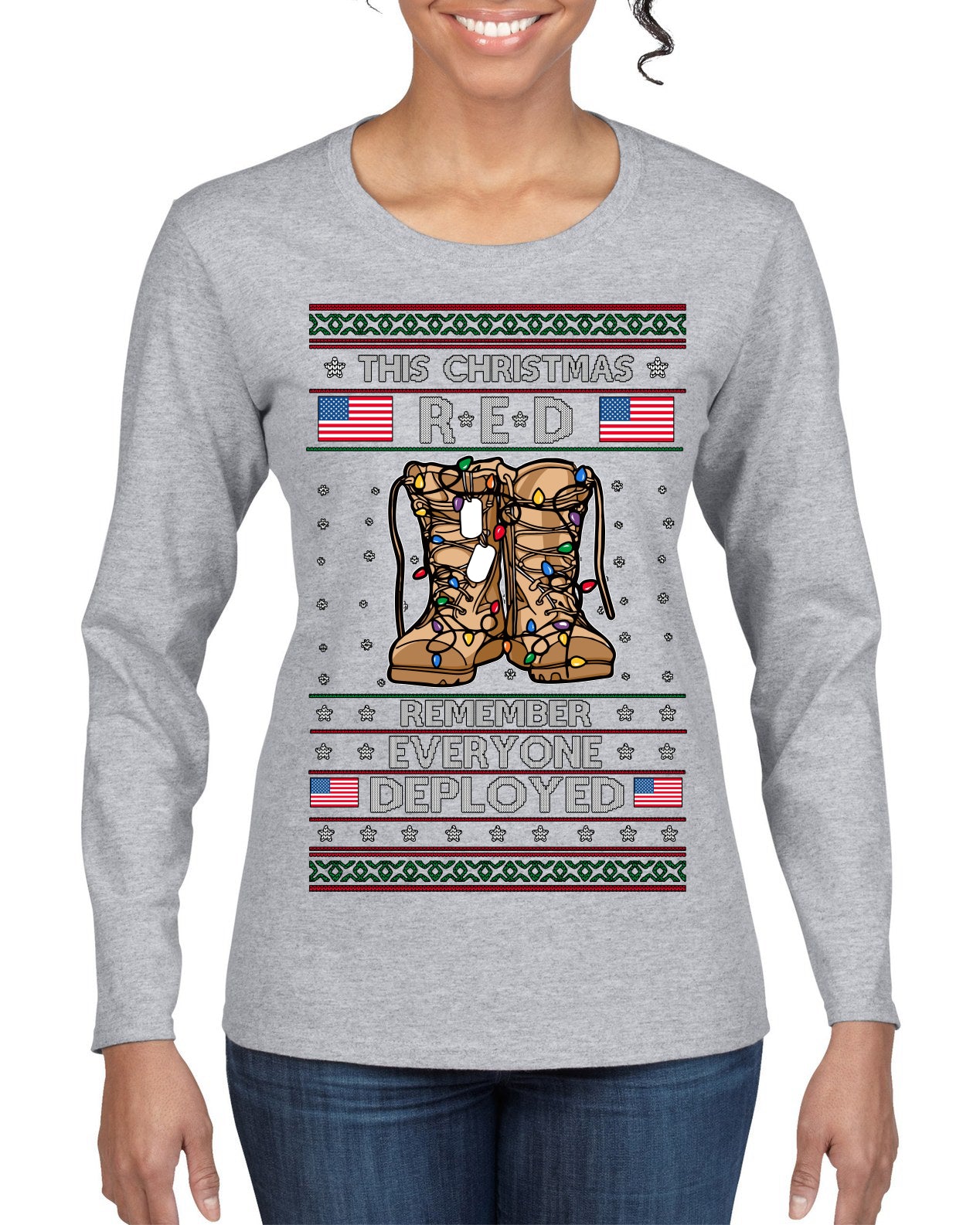 This Christmas RED Remember Everyone Deployed Veteran Ugly Christmas Sweater Womens Graphic Long Sleeve T-Shirt