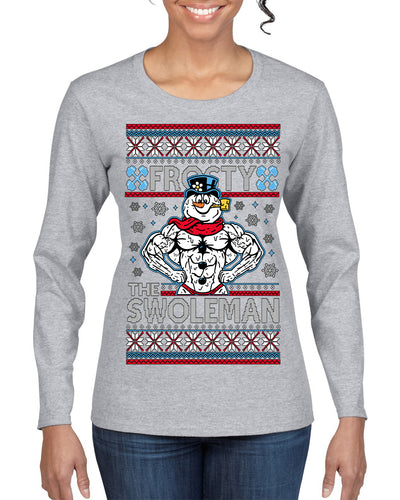 Frosty the Swoleman Funny Workout Lifting Snowman MovieUgly Christmas Sweater Womens Graphic Long Sleeve T-Shirt