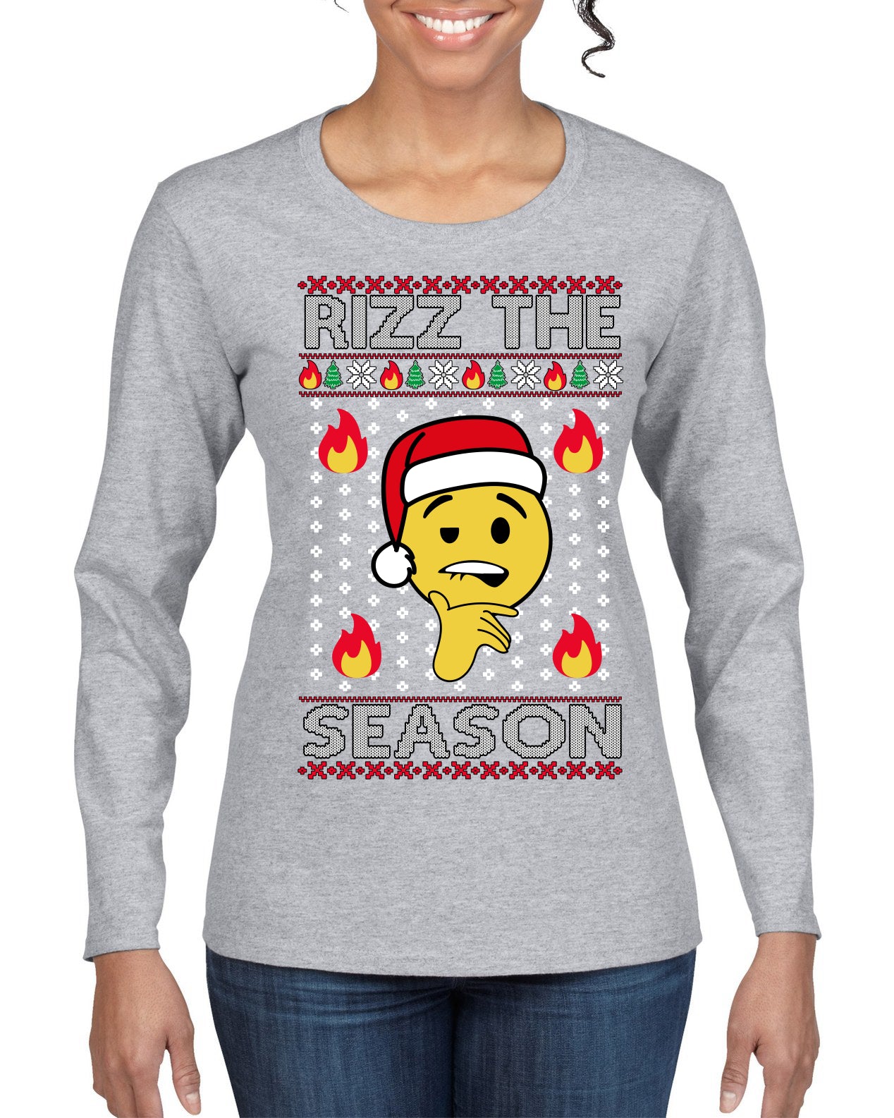 Rizz the Season Viral Internet Fire Emoji Face Meme Ugly Christmas Sweater Womens Graphic Long Sleeve T-Shirt