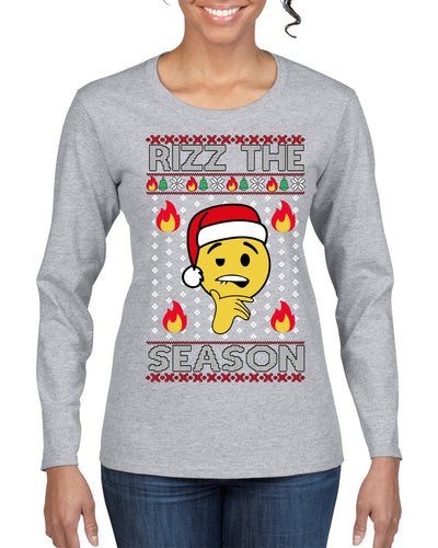Rizz the Season Viral Internet Fire Emoji Face Meme Ugly Christmas Sweater Womens Graphic Long Sleeve T-Shirt