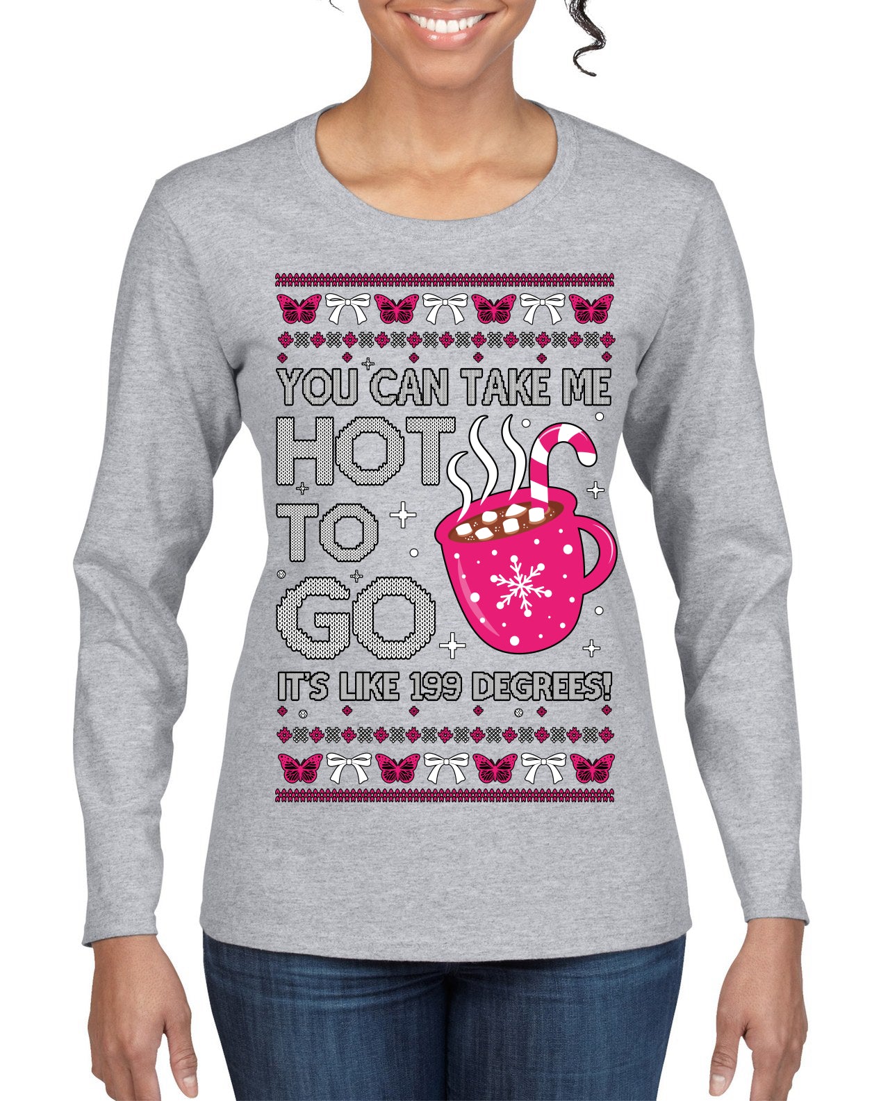 You Can Take Me Hot to Go, Hot Cocoa Viral Song Pop Music Ugly Christmas Sweater Womens Graphic Long Sleeve T-Shirt
