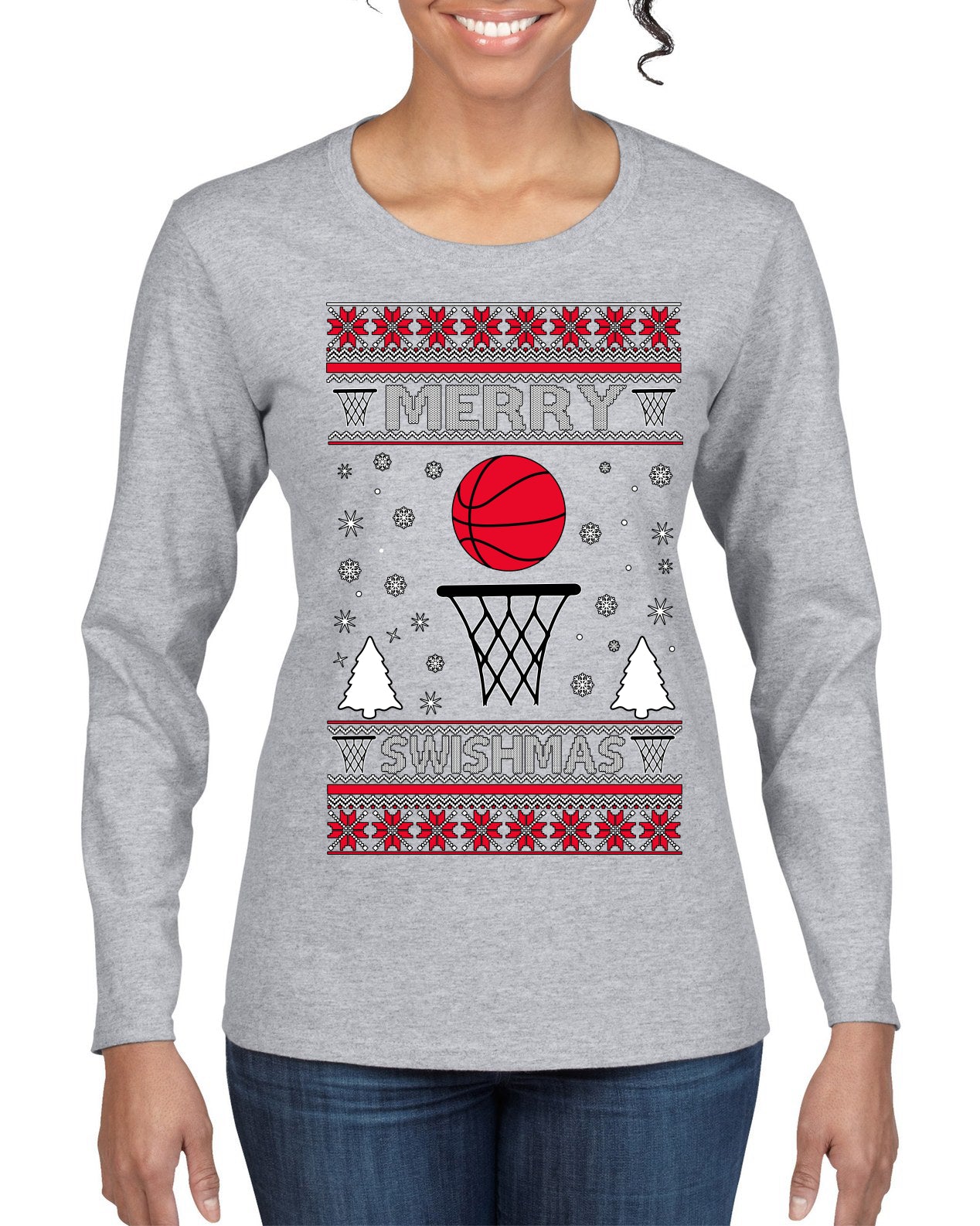 Merry Swishmas Basketball Sports Ugly Christmas Sweater Womens Graphic Long Sleeve T-Shirt