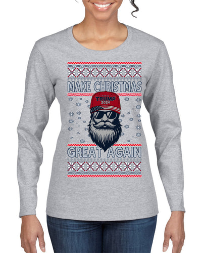 Make Christmas Great Again Trump Santa Claus 2024 MAGA,  Donald Trump JD Vance GOP Republican Ugly Christmas Sweater Womens Graphic Long Sleeve T-Shirt