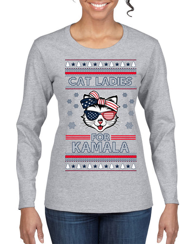 Cat Ladies for Kamala USA Glasses, Harris Tim Walz 2024 Cute USA Glasses Bow Ugly Christmas Sweater Womens Graphic Long Sleeve T-Shirt