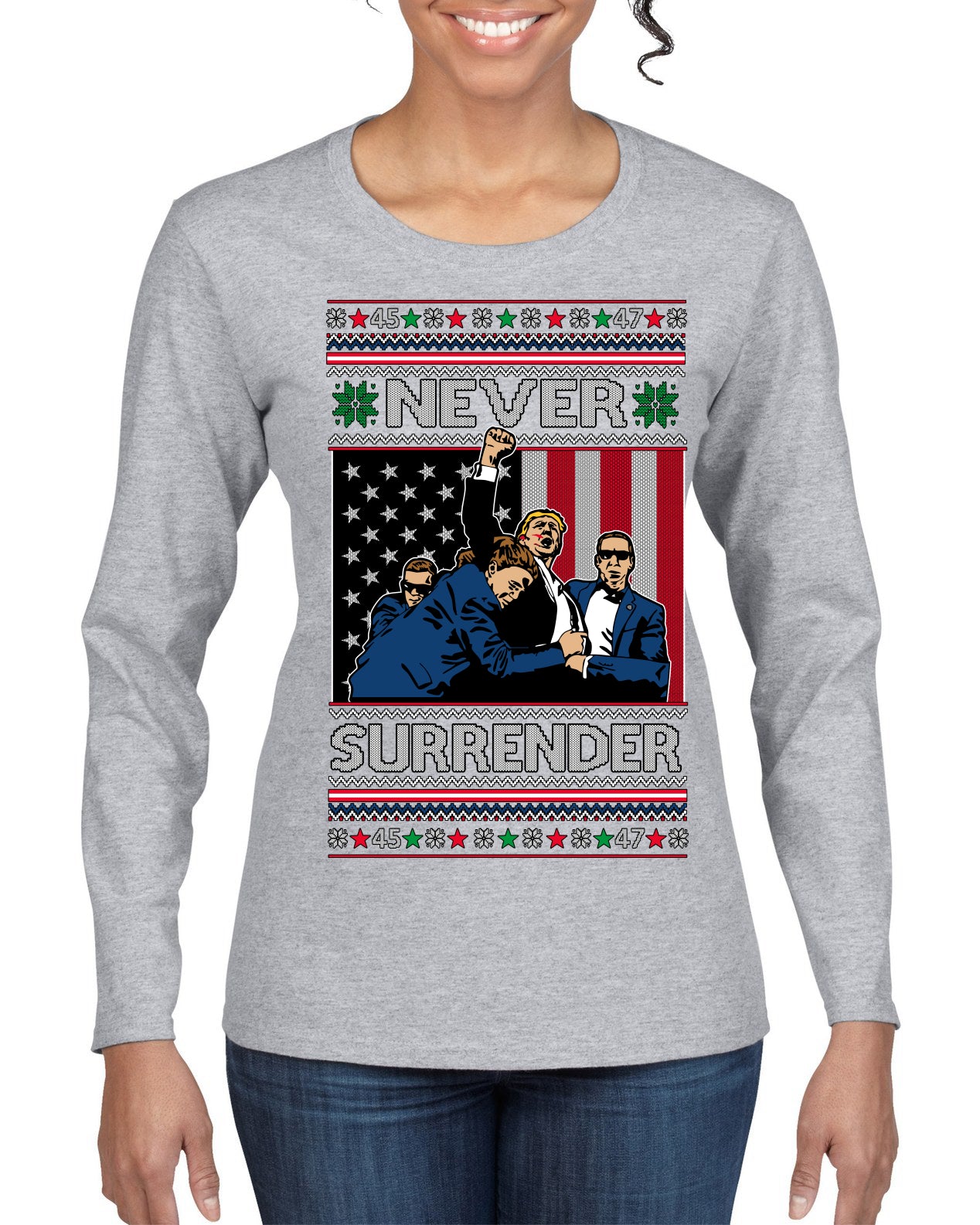 Never Surrender Pro Donald Trump Fight Fist Pump 2024 Ugly Christmas Sweater Womens Graphic Long Sleeve T-Shirt