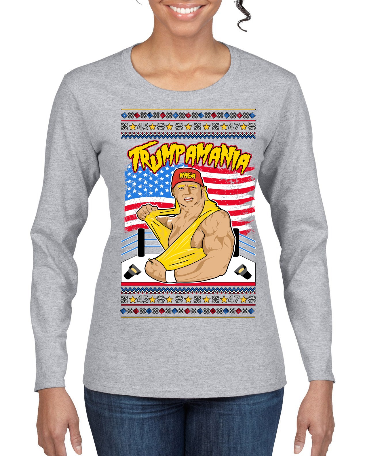 Trumpamania Funny Hogan 80s USA Wrestling Sports Parody Ugly Christmas Sweater Womens Graphic Long Sleeve T-Shirt