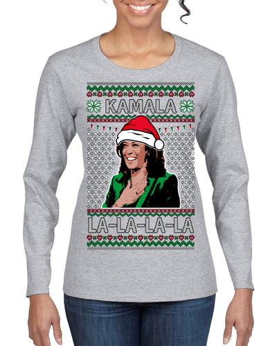 Kamala La La Funny Santa Hat Classic Xmas Song Carol Ugly Christmas Sweater Womens Graphic Long Sleeve T-Shirt