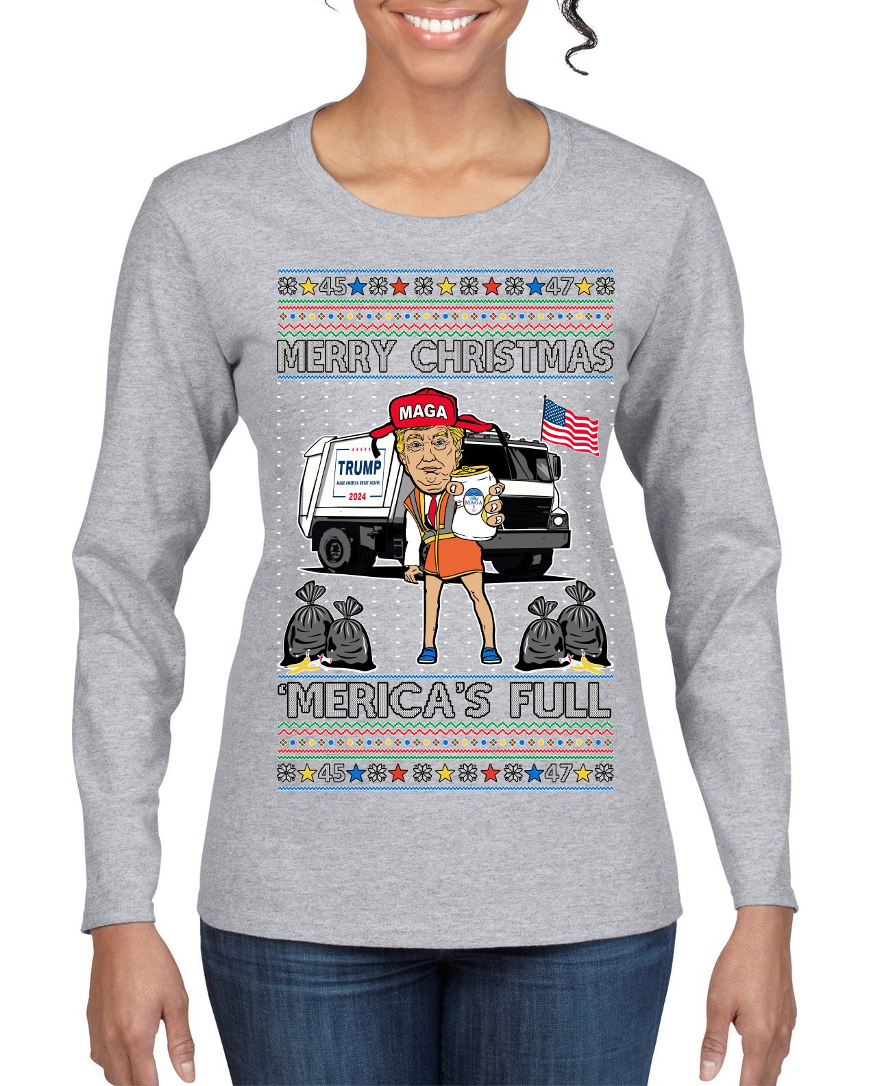 Donald Trump Merry Christmas Merica's Full Garbage Truck Ugly Christmas Sweater Womens Graphic Long Sleeve T-Shirt