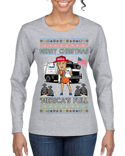 Donald Trump Merry Christmas Merica's Full Garbage Truck Ugly Christmas Sweater Womens Graphic Long Sleeve T-Shirt